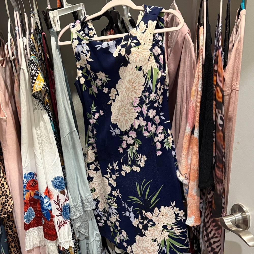 Vince Camuto One Shoulder Floral Dress - Navy and Cream